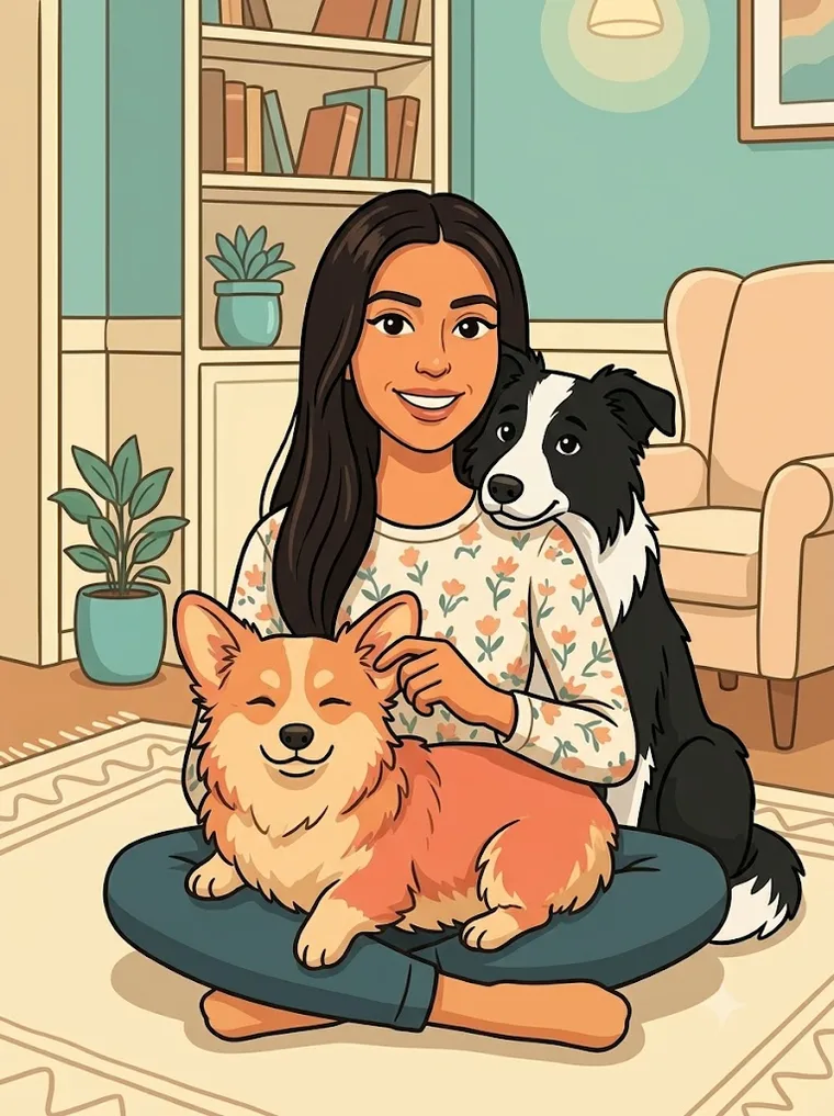 Cartoon of a pet sitter sitting on her living room floor with a corgi in her lap and a border collie at her shoulder